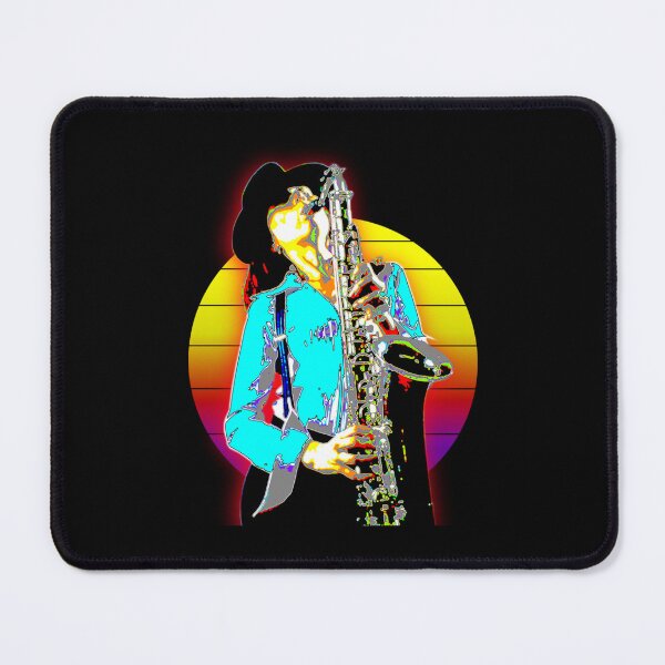 Item preview, Glowing Female Saxophonist Playing Soulful Music with retro sunset design. designed and sold by HellenGrasson.