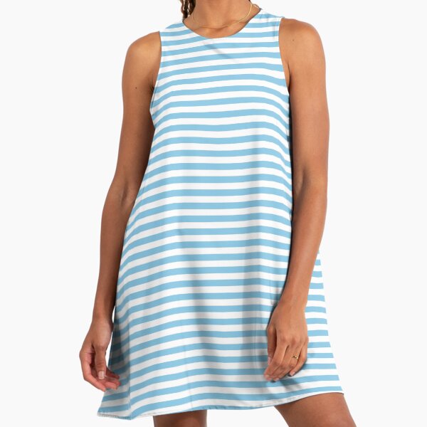 blue and white horizontal striped dress Seabreeze Stroll 100% Cotton Sleeveless Empire Waist Stripe Midi Dress