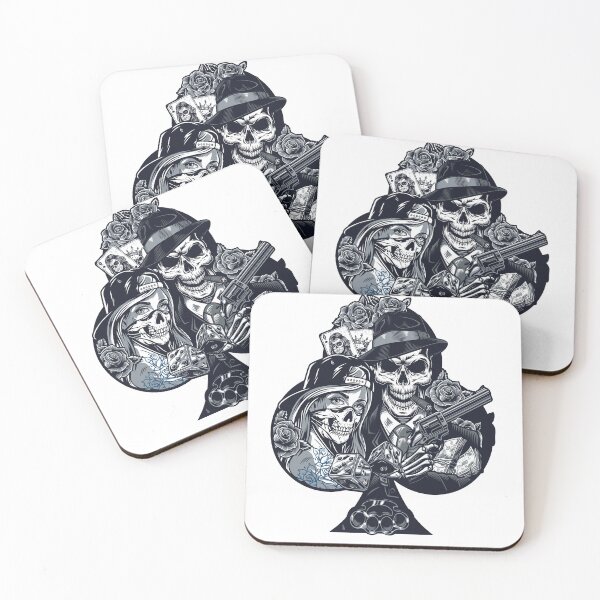 Item preview, Girl in scary mask gangster skeleton holding revolver dice brass knuckles money packs rose flowers playing cards designed and sold by badreddine00.