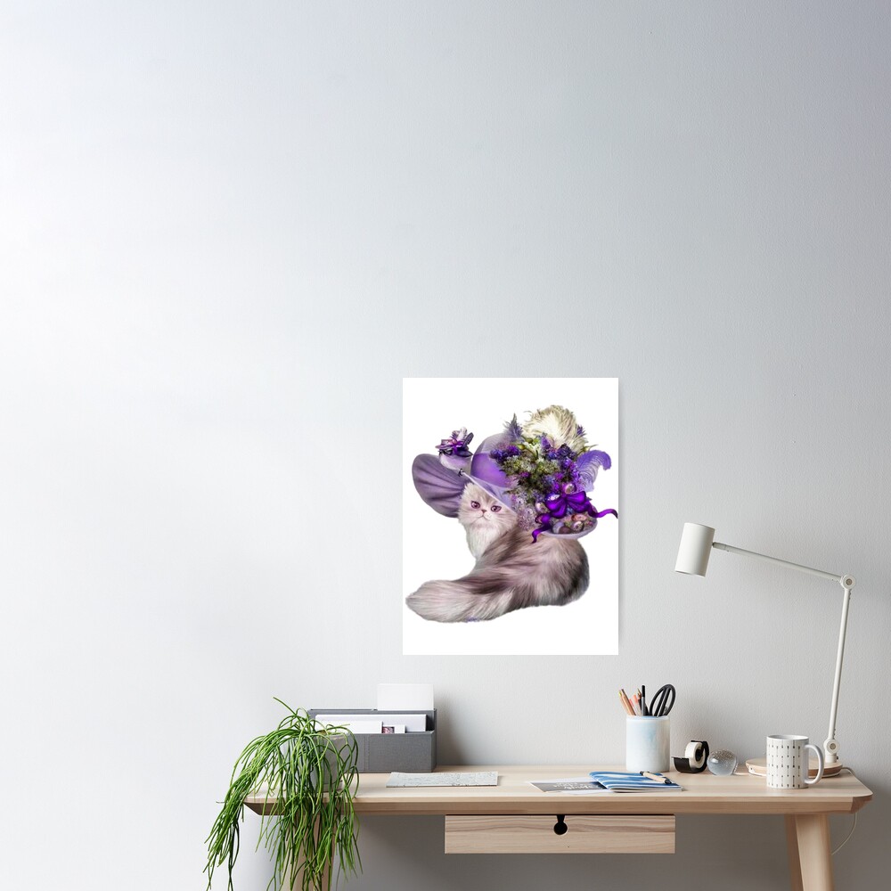Fancy cat in a purple hat with flowers and feathers Poster for Sale by  SherryDJ
