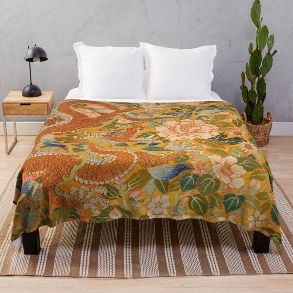 Item preview, DRAGON AMONG PEONIES ,FLOWERS .GREEN LEAVES Floral Chinese Embroidery in Gold Yellow designed and sold by BulganLumini.