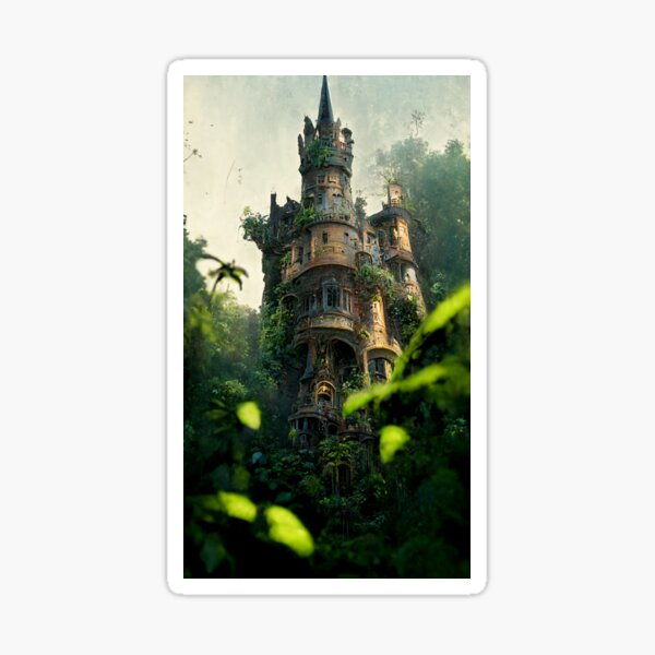 An old abandoned castle in the jungle. Green nature and an ancient castle. Sticker
