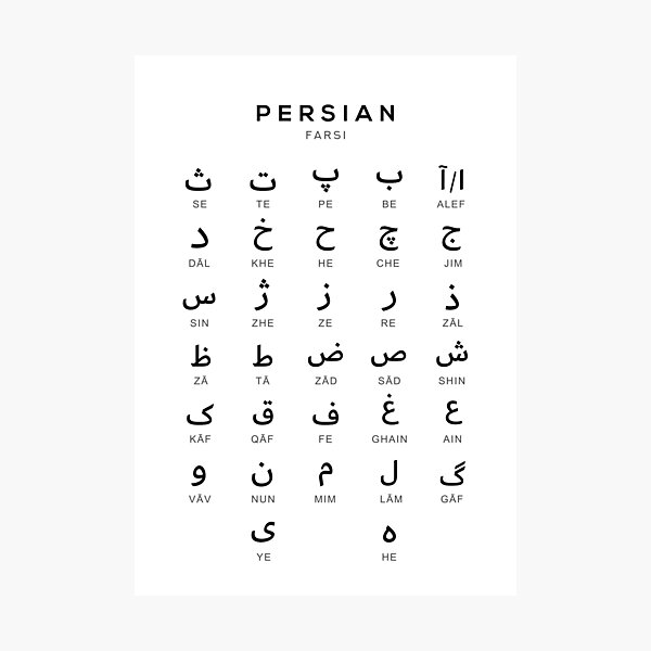 "Persian Alphabet Chart, Farsi Language Chart, White" Photographic Print for Sale by typelab