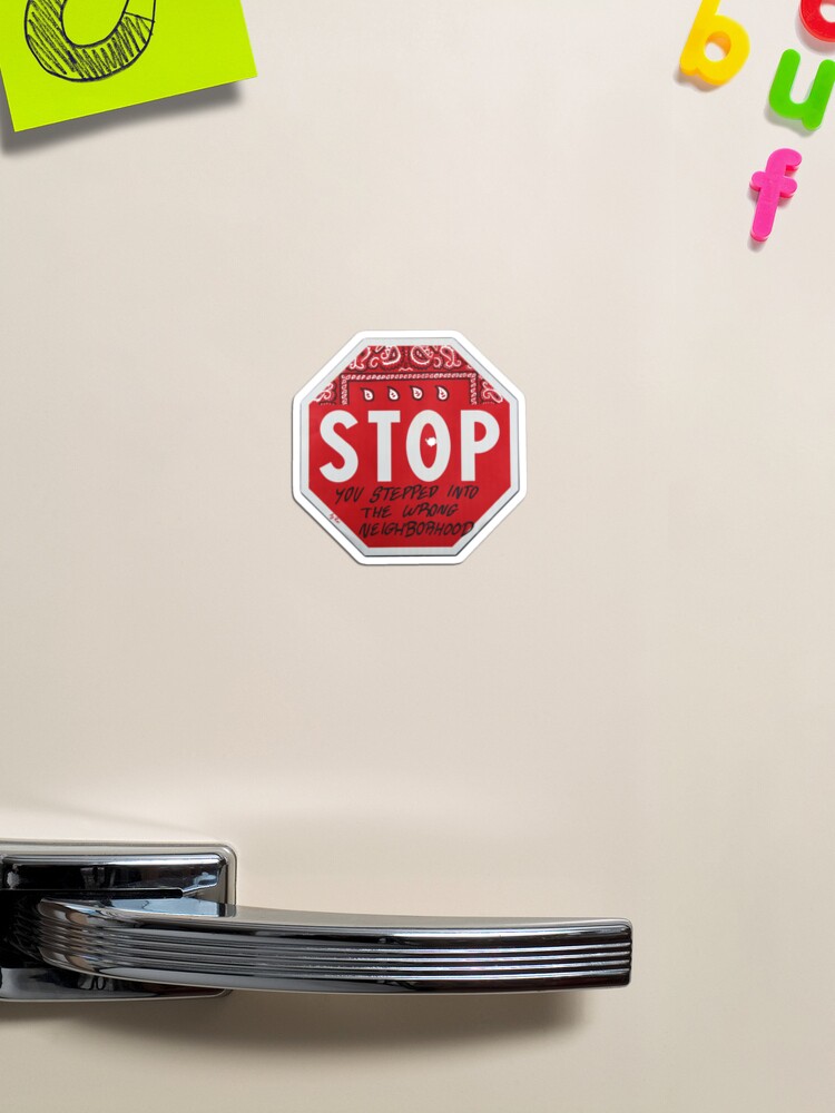 Thumbnail 1 of 3, Magnet, Road Sign STOP blood bandana with bullet hole designed and sold by AjRoi.