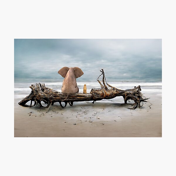 Item preview, elephant and a dog are sitting on driftwood designed and sold by Mike Kiev art.