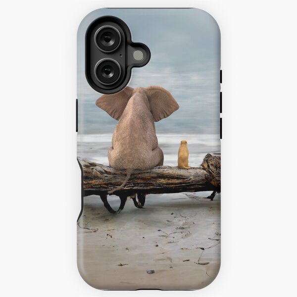 Item preview, elephant and a dog are sitting on driftwood designed and sold by Mike Kiev art.