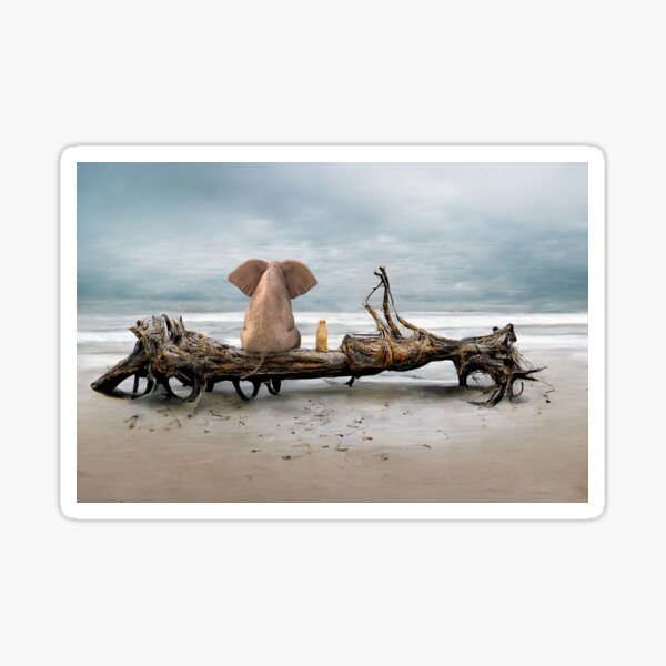 elephant and a dog are sitting on driftwood Sticker