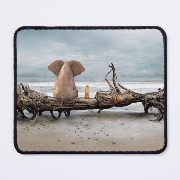 Item preview, elephant and a dog are sitting on driftwood designed and sold by Mike Kiev art.
