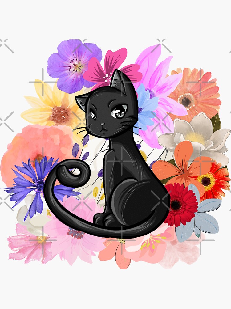 Cute cat with flowers, pet, floral stickers, cat stickers Sticker by  Dgitart