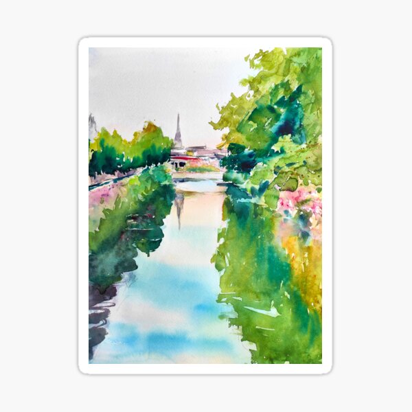 Item preview, Chichester ship canal, Watercolour landscape painting, trees reflections, English countryside wall art, Fine art wall decor, British waterways designed and sold by lyatee.