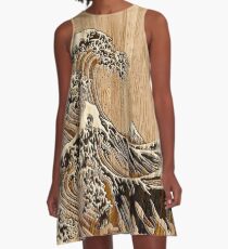 The Great Hokusai Wave in Bamboo Inlay Style A-Line Dress