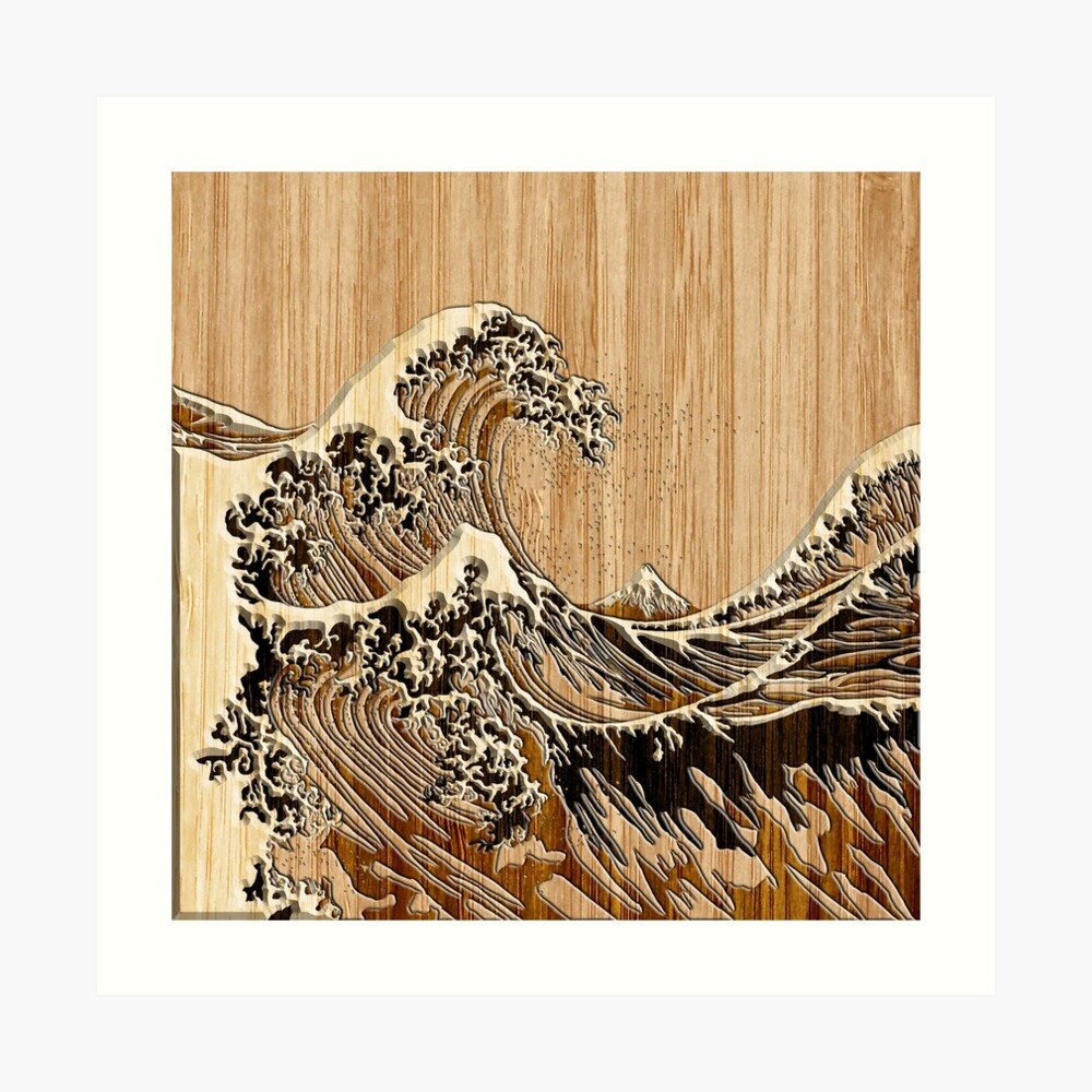 The Great Hokusai Wave in Bamboo Inlay Style Art Print