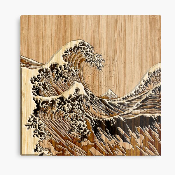 The Great Hokusai Wave in Bamboo Inlay Style Metal Print