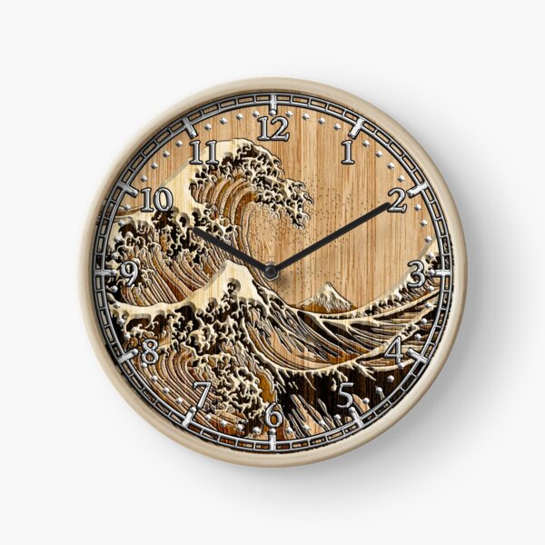 The Great Hokusai Wave in Bamboo Inlay Style Clock