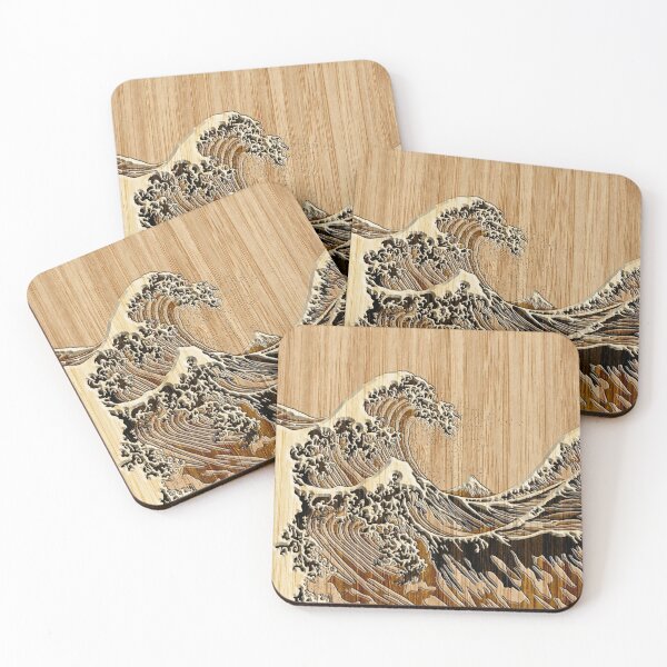 The Great Hokusai Wave in Bamboo Inlay Style Coasters (Set of 4)
