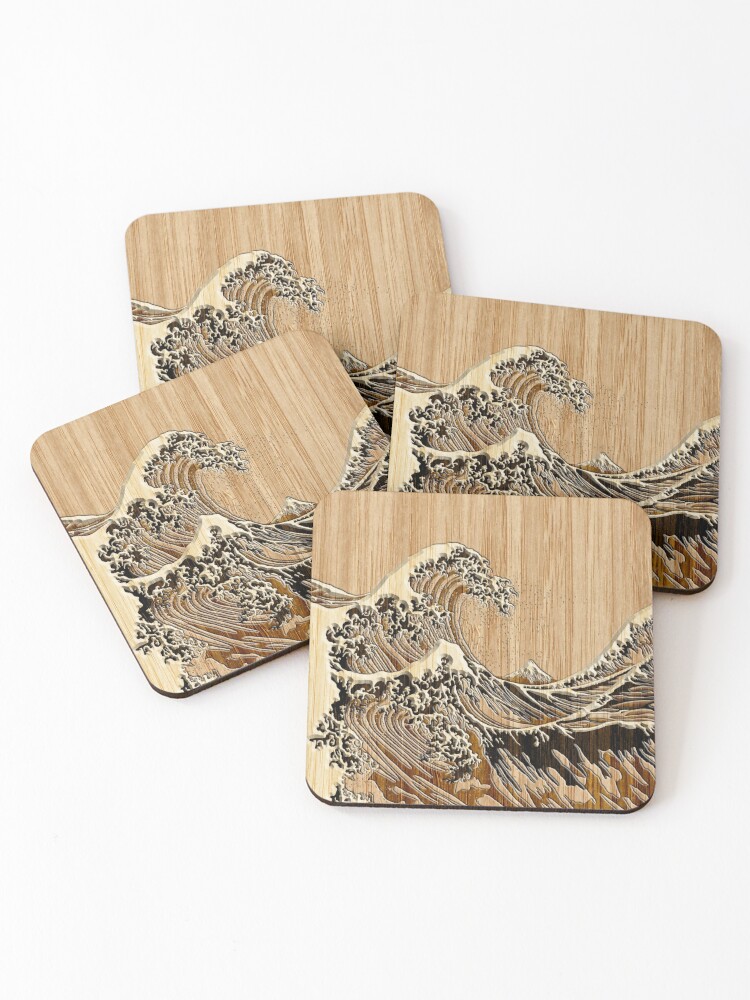 The Great Hokusai Wave in Bamboo Inlay Style Coasters (Set of 4) for Sale  by Garaga