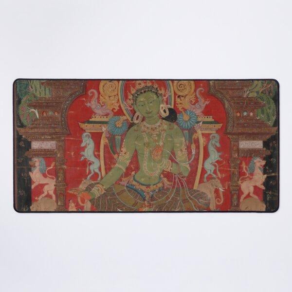 Green Tara (Khadiravani) is usually associated with protection from fear and the eight obscurations: pride, ignorance, hatred and anger,  jealousy, bandits and thieves and so on.  Desk Mat