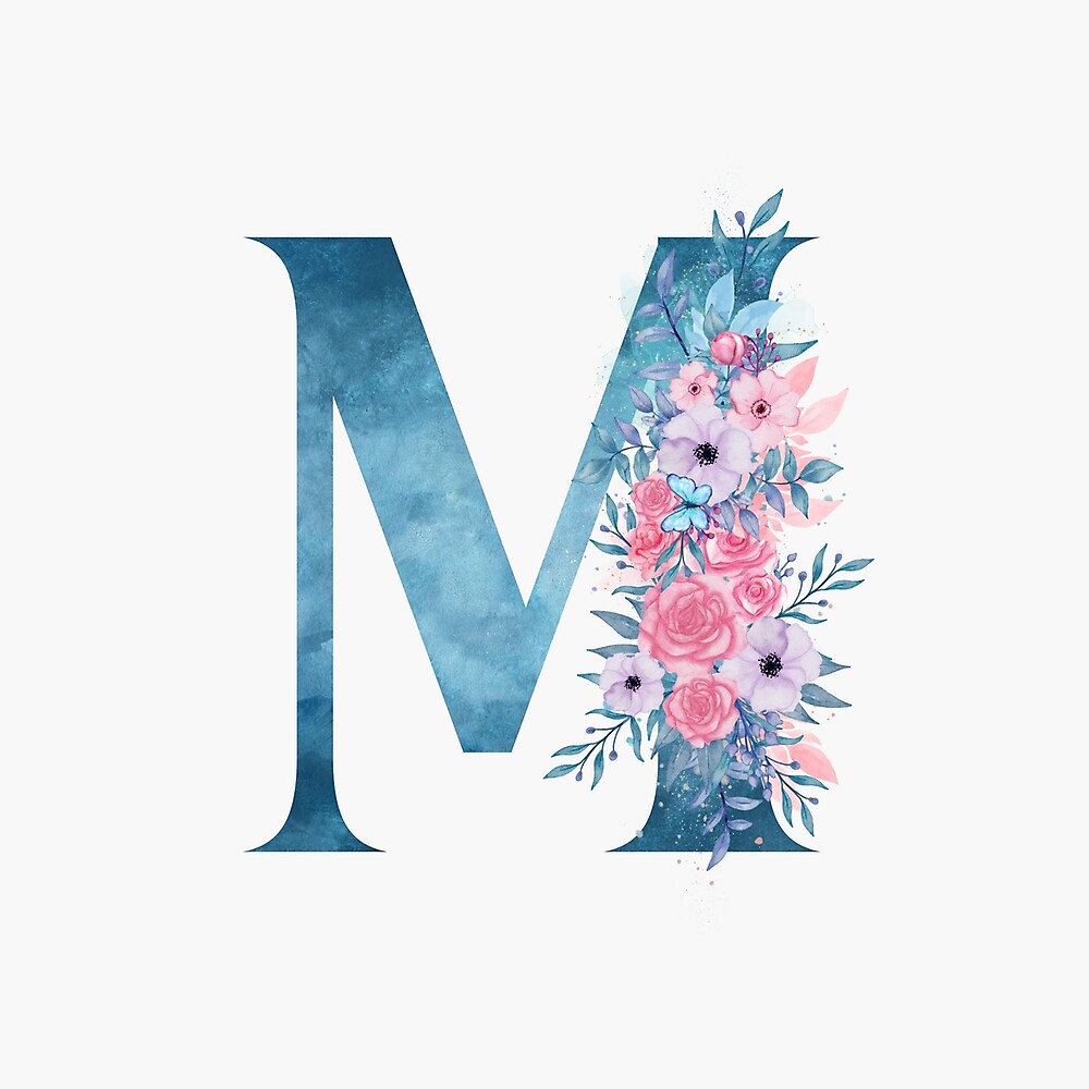 Letter M Initial Or Monogram With Watercolor Flowers