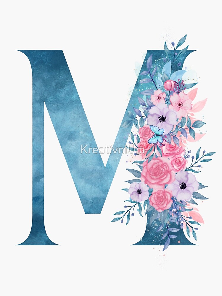 Personalized Monogram Initial Letter A Blue Watercolor Flower