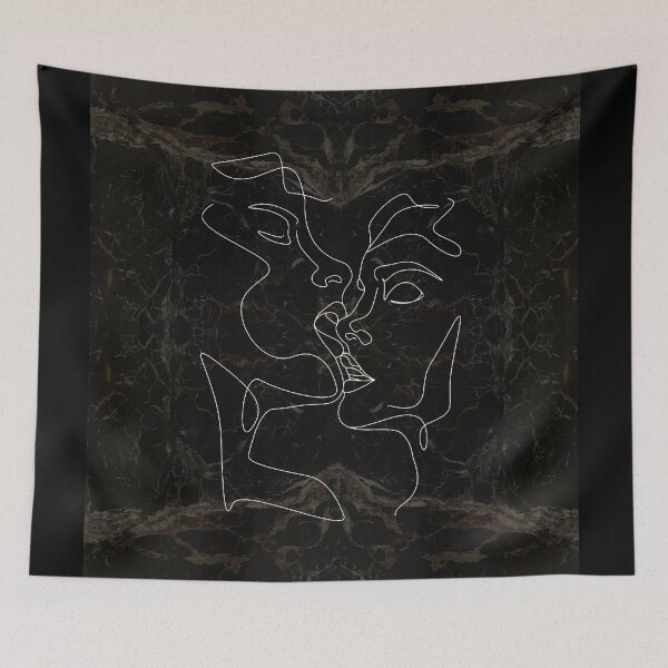 Artikelvorschau, Black Gold White Couple Kiss Lips Silhouette Continuous Line Drawing on Marble Texture Pattern  entworfen und verkauft von LaceySkies.