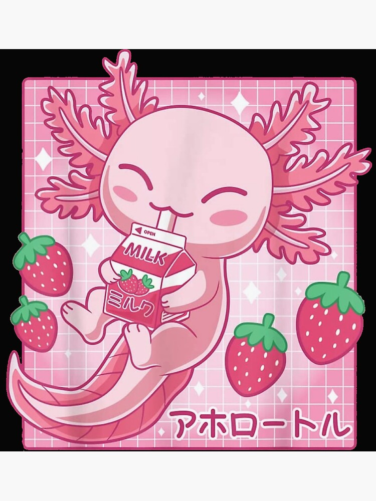 "Pink Axolotl Drinking Strawberry Milk, Salamander Drinking pink