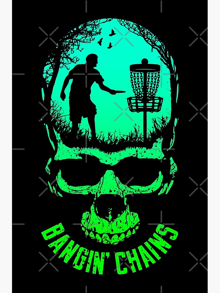 "Banging Chains Disc Golf Player Funny Skull Sunset Basket" Poster for