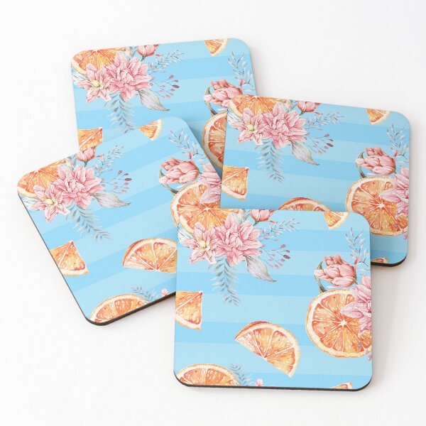 Item preview, Blue Stripes with Orange Slices, Chrysanthemum Flowers and Foliage  designed and sold by SydneyPapierCo.