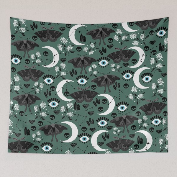 Item preview, Goth Moth Pattern with Moon, Skulls and Crystals designed and sold by kapotka.