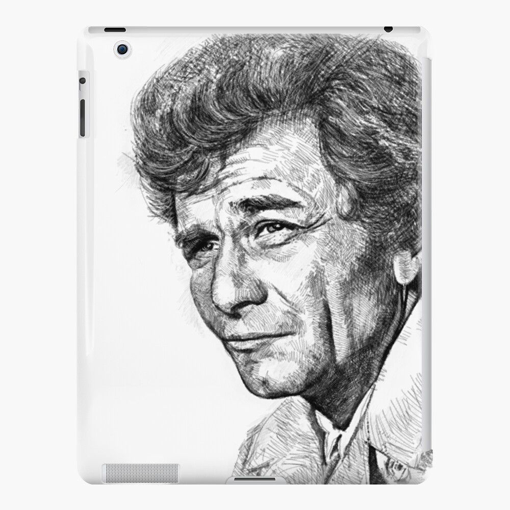 Peter Falk with his charcoal drawings of self portraits.