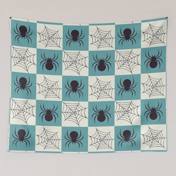 Item preview, Blue and cream white checked spiders and webs print designed and sold by DemonicGloom.