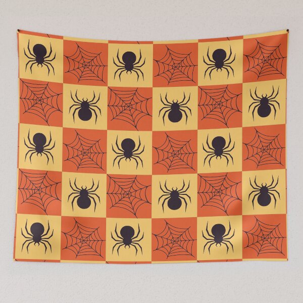 Item preview, Orange and yellow checked spiders and webs print designed and sold by DemonicGloom.