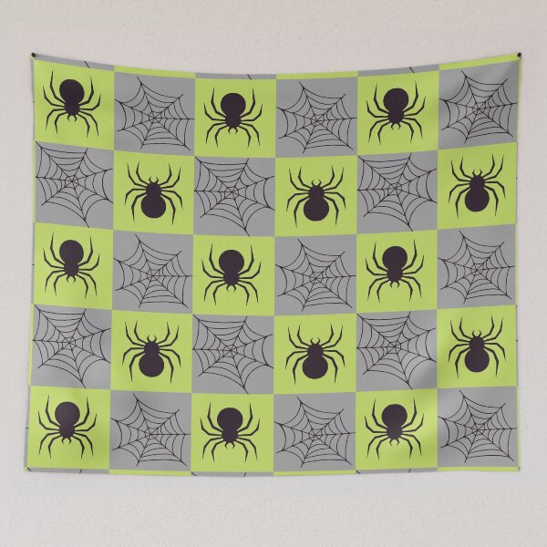 Item preview, Light green and grey checked spiders and webs print designed and sold by DemonicGloom.