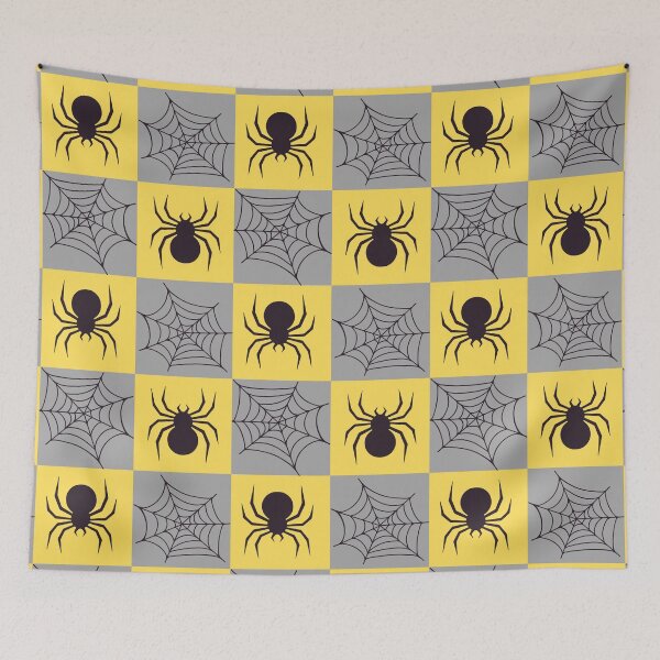 Item preview, grey and yellow checked spiders and webs print designed and sold by DemonicGloom.