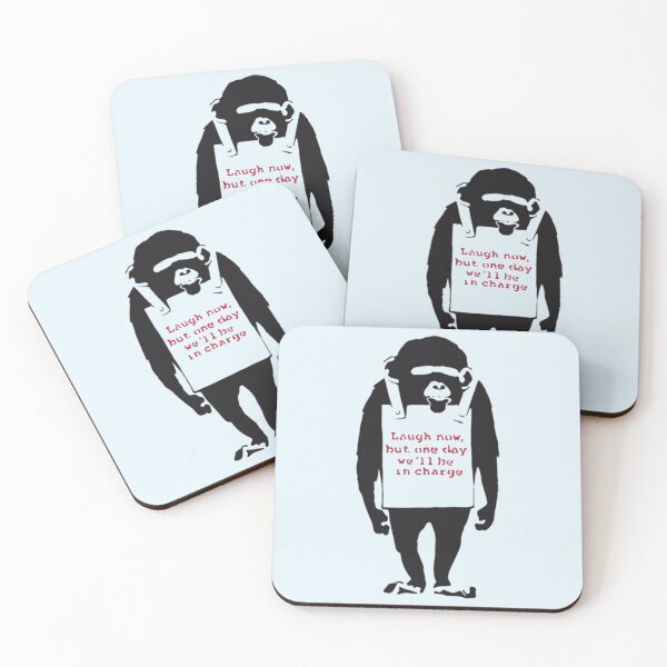 Item preview, Banksy Quote Monkey Chimpanze Laugh Now, but one day we'll be in charge Graffiti Street art with Banksy signature tag and funny red stripes  designed and sold by Colterlailah.