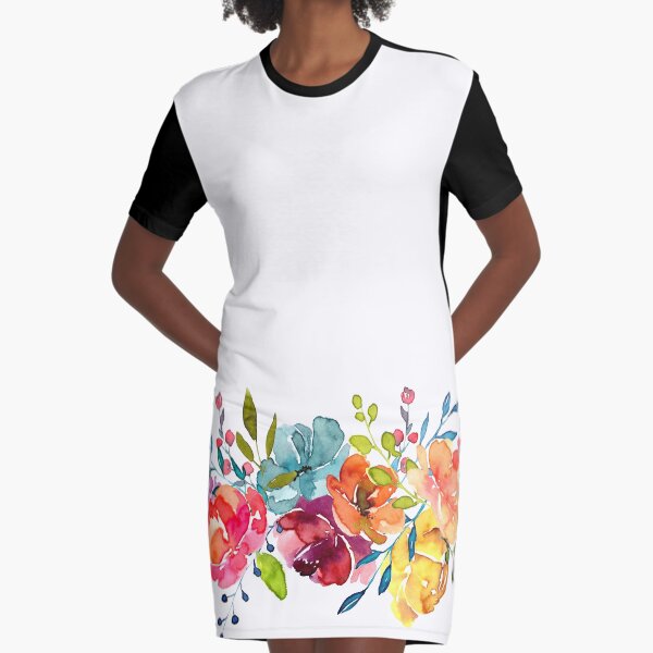 Bright Flowers Summer Watercolor Peonies Graphic T-Shirt Dress
