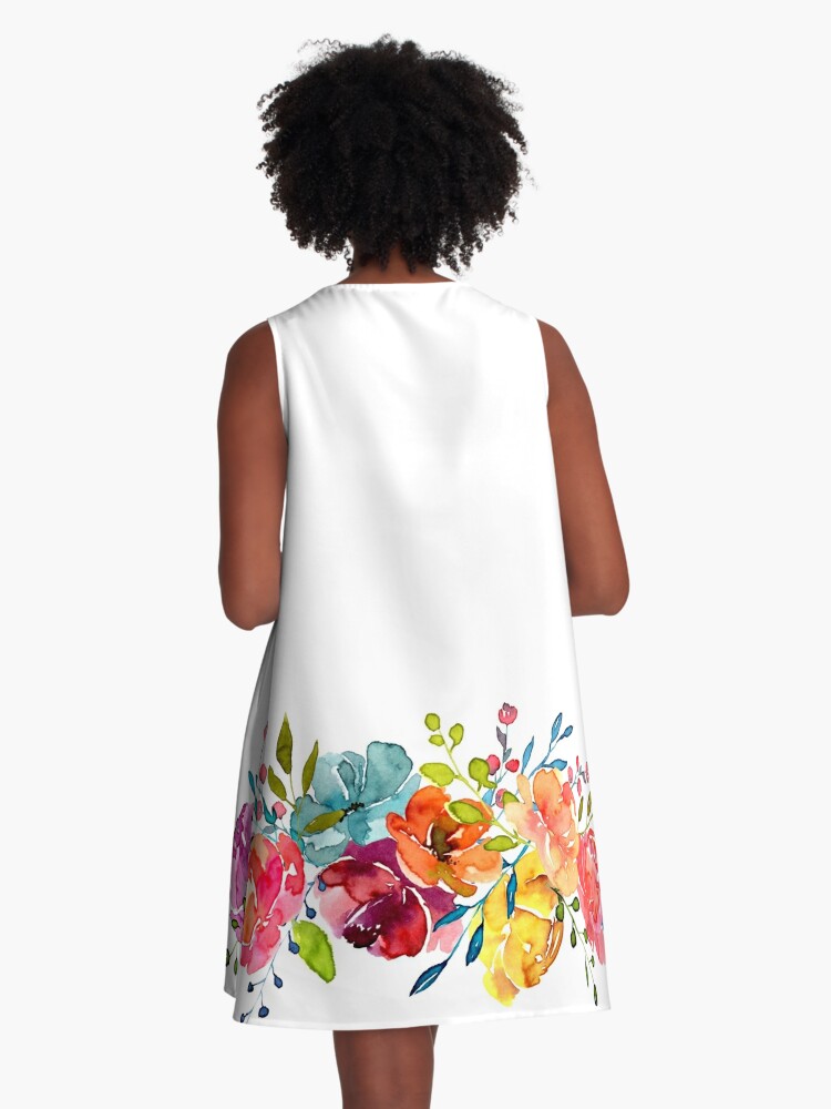 A-Line Dress, Bright Flowers Summer Watercolor Peonies designed and sold by junkydotcom