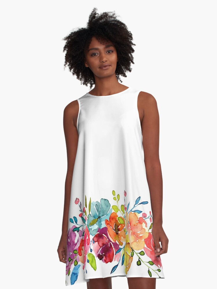 A-Line Dress, Bright Flowers Summer Watercolor Peonies designed and sold by junkydotcom