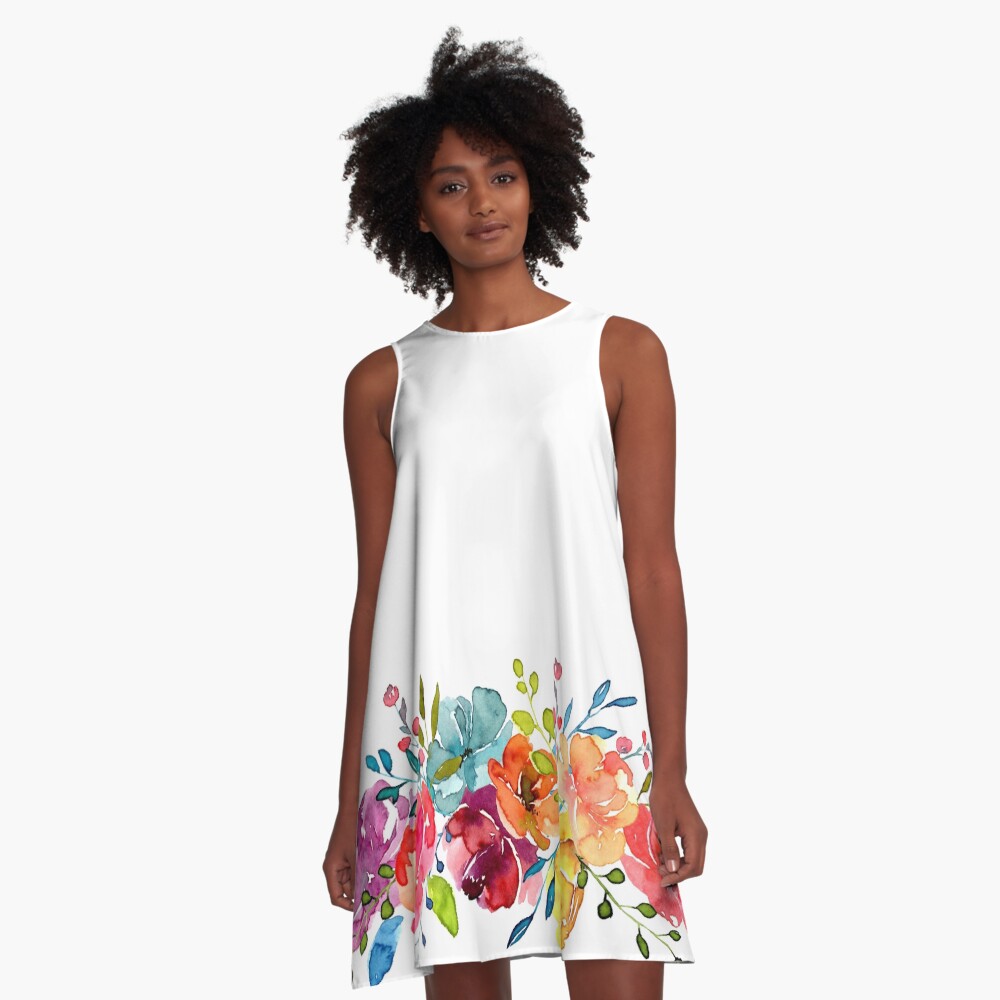 Bright Flowers Summer Watercolor Peonies A-Line Dress
