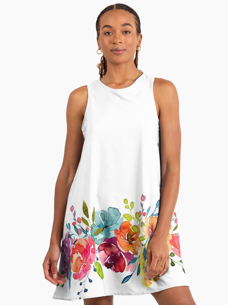 Bright Flowers Summer Watercolor Peonies Peony A-Line Dress