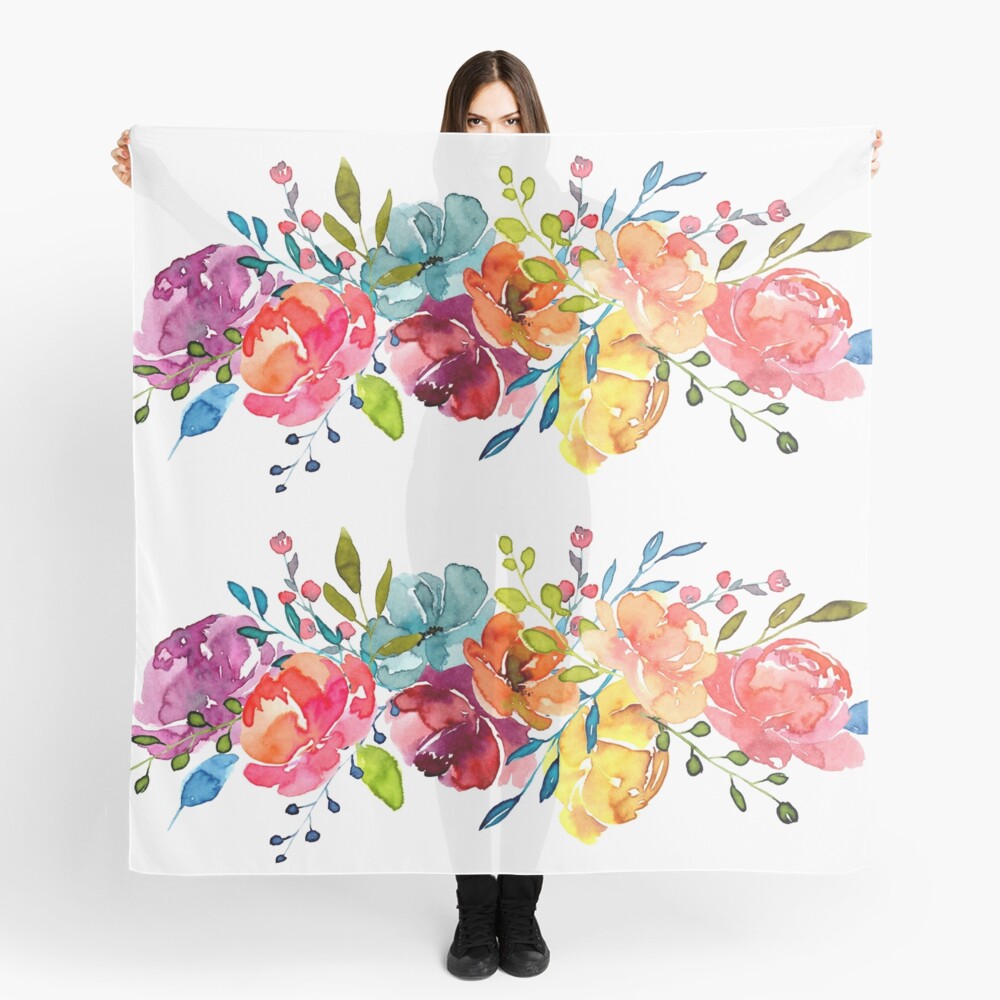 Bright Flowers Summer Watercolor Peonies Scarf