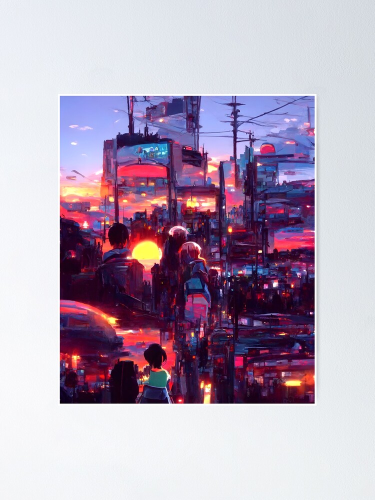 Póster Anime, joven rubia en un prado al atardecer -  México