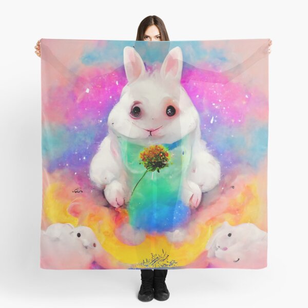 Rainbow Bunny Rabbit Holds a Flower Scarf