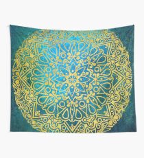 Gold Blue Textured Mandala Pattern Wall Tapestry