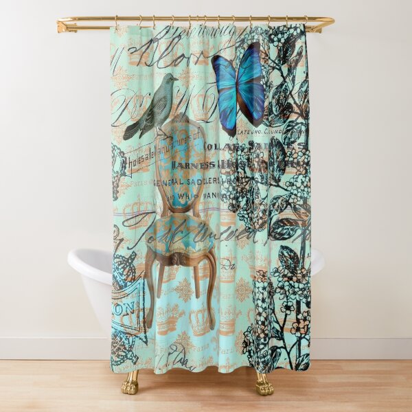"cottage chic scripts butterfly mint bird botanical french country " Shower Curtain by lfang77
