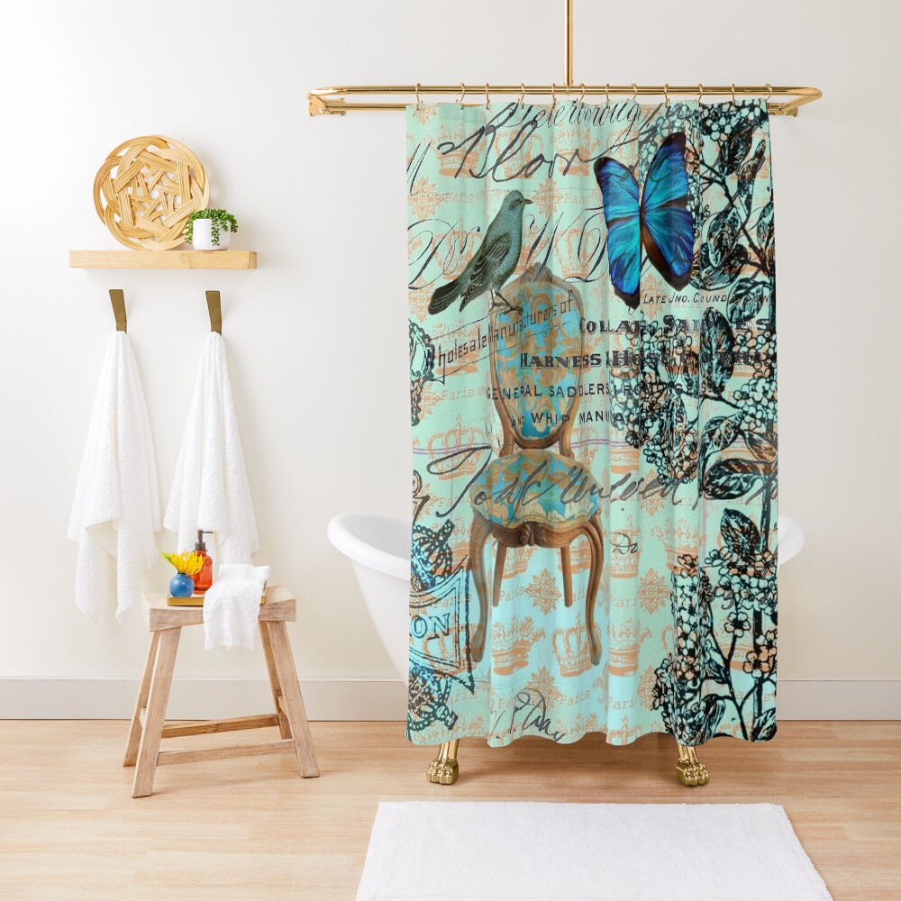 "cottage chic scripts butterfly mint bird botanical french country " Shower Curtain for Sale by