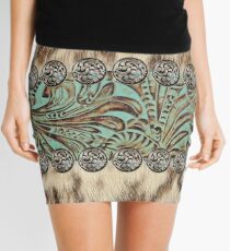 Rustic brown cowhide teal western country tooled leather Mini Skirt