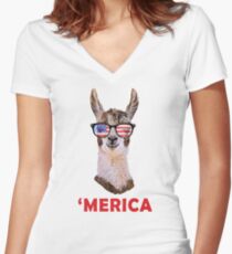 'Merica Llama Patriotic USA July 4 Sunglasses Funny Graphic Women's Fitted V-Neck T-Shirt
