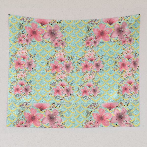 Item preview, Pink flowers on aqua green designed and sold by PalomaHealing24.