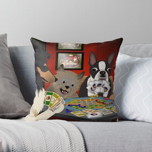 Dogs Playing Settlers of Catan Throw Pillow