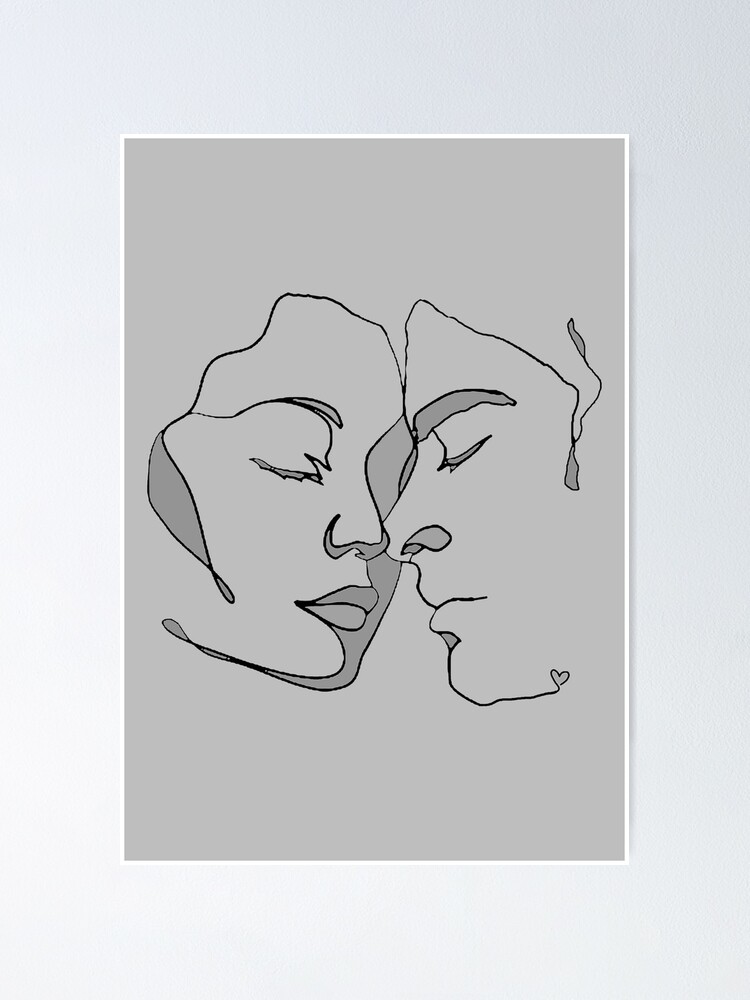 Abstract couple kisses line art, romantic poster, couple one line